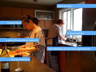 a slew of secondary research 5 interviews 3 observations self reflection on our own experiences what we did group reflection 