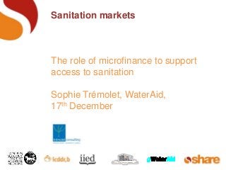 Sanitation markets

The role of microfinance to support
access to sanitation
Sophie Trémolet, WaterAid,
17th December

 