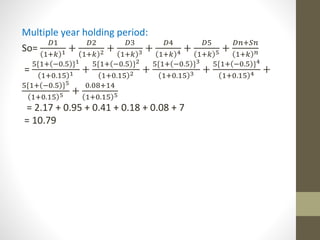Multiple year holding period: 
So= 
퐷1 
1+푘 1 + 
퐷2 
1+푘 2 + 
퐷3 
1+푘 3 + 
퐷4 
1+푘 4 + 
퐷5 
1+푘 5 + 
퐷푛+푆푛 
1+푘 푛 
= 
5{1+ −0.5 }1 
1+0.15 1 + 
5{1+ −0.5 }2 
1+0.15 2 + 
5{1+ −0.5 }3 
1+0.15 3 + 
5{1+ −0.5 }4 
1+0.15 4 + 
5{1+ −0.5 }5 
1+0.15 5 + 
0.08+14 
1+0.15 5 
= 2.17 + 0.95 + 0.41 + 0.18 + 0.08 + 7 
= 10.79 
 