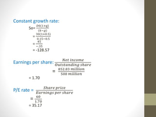 Constant growth rate: 
퐷0(1+g) 
(푘−푔) 
= 
So= 
30(1+0.5) 
0.15−0.5 
= 
45 
−.35 
= -128.57 
Earnings per share: 푁푒푡 푖푛푐표푚푒 
푂푢푡푠푡푎푛푑푖푛푔 푠ℎ푎푟푒 
= 852.83 푚푖푙푙푖표푛 
500 푚푖푙푙푖표푛 
= 1.70 
P/E rate = 푆ℎ푎푟푒 푝푟푖푐푒 
퐸푎푟푛푖푛푔푠 푝푒푟 푠ℎ푎푟푒 
= 60 
1.70 
= 35.17 
 
