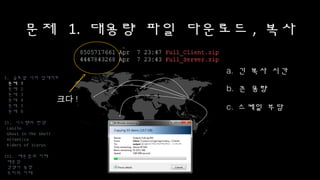 문제 1. 대용량 파일 다운로드, 복사
a. 긴 복사 시간
b. 큰 용량
c. 스케일 부담
I. 글로벌 서버 업데이트
문제 1
문제 2
문제 3
문제 4
문제 5
문제 6
II. 시스템의 탄생
Laszlo
Ghost In The Shell
Atlantica
Riders of Icarus
III. 배운점과 미래
배운점
경쟁사 동향
우리의 미래
크다!
 