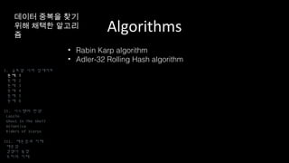 Algorithms
• Rabin Karp algorithm
• Adler-32 Rolling Hash algorithm
I. 글로벌 서버 업데이트
문제 1
문제 2
문제 3
문제 4
문제 5
문제 6
II. 시스템의 탄생
Laszlo
Ghost In The Shell
Atlantica
Riders of Icarus
III. 배운점과 미래
배운점
경쟁사 동향
우리의 미래
데이터 중복을 찾기
위해 채택한
알고리즘
 