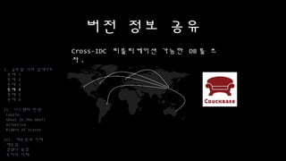 버전 정보 공유
Cross-IDC 리플리케이션 가능한 DB를 쓰자.
I. 글로벌 서버 업데이트
문제 1
문제 2
문제 3
문제 4
문제 5
문제 6
II. 시스템의 탄생
Laszlo
Ghost In The Shell
Atlantica
Riders of Icarus
III. 배운점과 미래
배운점
경쟁사 동향
우리의 미래
 