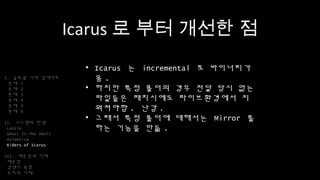 Icarus로 부터 개선한 점
• Icarus 는 incremental 로 바이너리가 옴.
• 하지만 특정 폴더의 경우 전달 당시 없는
파일들은 패치시에도 라이브환경에서
지워져야함. 난감.
• 그래서 특정 폴더에 대해서는 Mirror 를
하는 기능을 만듦.
I. 글로벌 서버 업데이트
문제 1
문제 2
문제 3
문제 4
문제 5
문제 6
II. 시스템의 탄생
Laszlo
Ghost In The Shell
Atlantica
Riders of Icarus
III. 배운점과 미래
배운점
경쟁사 동향
우리의 미래
 
