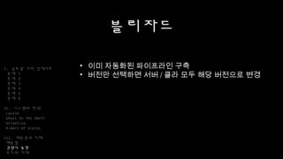 블리자드
I. 글로벌 서버 업데이트
문제 1
문제 2
문제 3
문제 4
문제 5
문제 6
II. 시스템의 탄생
Laszlo
Ghost In The Shell
Atlantica
Riders of Icarus
III. 배운점과 미래
배운점
경쟁사 동향
우리의 미래
• 이미 자동화된 파이프라인 구축
• 버전만 선택하면 서버/클라 모두 해당 버전으로 변경
 