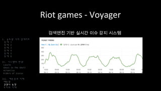 Riot games - Voyager
I. 글로벌 서버 업데이트
문제 1
문제 2
문제 3
문제 4
문제 5
문제 6
II. 시스템의 탄생
Laszlo
Ghost In The Shell
Atlantica
Riders of Icarus
III. 배운점과 미래
배운점
경쟁사 동향
우리의 미래
검색엔진 기반 실시간 이슈 감지 시스템
 