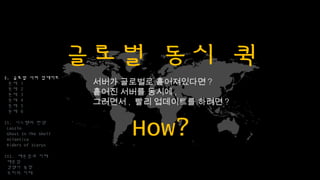글로벌 동시 퀵
How?
I. 글로벌 서버 업데이트
문제 1
문제 2
문제 3
문제 4
문제 5
문제 6
II. 시스템의 탄생
Laszlo
Ghost In The Shell
Atlantica
Riders of Icarus
III. 배운점과 미래
배운점
경쟁사 동향
우리의 미래
서버가 글로벌로 흩어져있다면?
흩어진 서버를 동시에,
그러면서, 빨리 업데이트를 하려면?
 