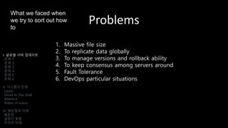 Problems
1. Massive file size
2. To replicate data globally
3. To manage versions and rollback ability
4. To keep consensus among servers around
5. Fault Tolerance
6. DevOps particular situations
I. 글로벌 서버 업데이트
문제 1
문제 2
문제 3
문제 4
문제 5
문제 6
II. 시스템의 탄생
Laszlo
Ghost In The Shell
Atlantica
Riders of Icarus
III. 배운점과 미래
배운점
경쟁사 동향
우리의 미래
What we faced when
we try to sort out how
to
 