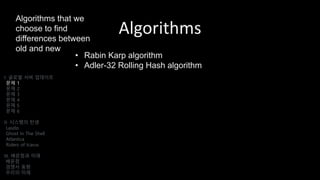 Algorithms
• Rabin Karp algorithm
• Adler-32 Rolling Hash algorithm
I. 글로벌 서버 업데이트
문제 1
문제 2
문제 3
문제 4
문제 5
문제 6
II. 시스템의 탄생
Laszlo
Ghost In The Shell
Atlantica
Riders of Icarus
III. 배운점과 미래
배운점
경쟁사 동향
우리의 미래
Algorithms that we
choose to find
differences between
old and new
 