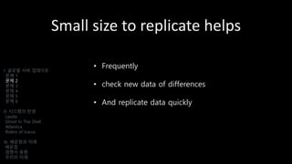 Small size to replicate helps
• Frequently
• check new data of differences
• And replicate data quickly
I. 글로벌 서버 업데이트
문제 1
문제 2
문제 3
문제 4
문제 5
문제 6
II. 시스템의 탄생
Laszlo
Ghost In The Shell
Atlantica
Riders of Icarus
III. 배운점과 미래
배운점
경쟁사 동향
우리의 미래
 