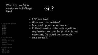 Git?
- 2GB size limit
- Git-annex : not reliable?
- Mercurial : poor performance
- Rollback version is the only significant
requirement so complex product is not
necessary, Git would be too much.
- Let’s create it!
I. 글로벌 서버 업데이트
문제 1
문제 2
문제 3
문제 4
문제 5
문제 6
II. 시스템의 탄생
Laszlo
Ghost In The Shell
Atlantica
Riders of Icarus
III. 배운점과 미래
배운점
경쟁사 동향
우리의 미래
What if to use Git for
version control of large
files?
 