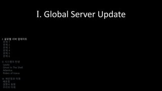 I. Global Server Update
I. 글로벌 서버 업데이트
문제 1
문제 2
문제 3
문제 4
문제 5
문제 6
II. 시스템의 탄생
Laszlo
Ghost In The Shell
Atlantica
Riders of Icarus
III. 배운점과 미래
배운점
경쟁사 동향
우리의 미래
 