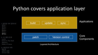 Python covers application layer
patch Version control
build update sync
Core
Components
Applications
I. 글로벌 서버 업데이트
문제 1
문제 2
문제 3
문제 4
문제 5
문제 6
II. 시스템의 탄생
Laszlo
Ghost In The Shell
Atlantica
Riders of Icarus
III. 배운점과 미래
배운점
경쟁사 동향
우리의 미래
Layered Architecture
 