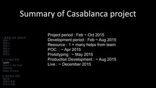 Summary of Casablanca project
Project period : Feb ~ Oct 2015
Development period : Feb ~ Aug 2015
Resource : 1 + many helps from team
POC : ~ Apr 2015
Prototyping : ~ May 2015
Production Development : ~ Aug 2015
Live : ~ December 2015
I. 글로벌 서버 업데이트
문제 1
문제 2
문제 3
문제 4
문제 5
문제 6
II. 시스템의 탄생
Laszlo
Ghost In The Shell
Atlantica
Riders of Icarus
III. 배운점과 미래
배운점
경쟁사 동향
우리의 미래
 