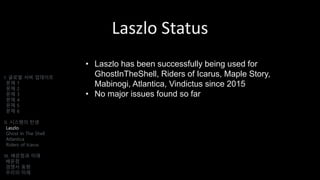 Laszlo Status
• Laszlo has been successfully being used for
GhostInTheShell, Riders of Icarus, Maple Story,
Mabinogi, Atlantica, Vindictus since 2015
• No major issues found so far
I. 글로벌 서버 업데이트
문제 1
문제 2
문제 3
문제 4
문제 5
문제 6
II. 시스템의 탄생
Laszlo
Ghost In The Shell
Atlantica
Riders of Icarus
III. 배운점과 미래
배운점
경쟁사 동향
우리의 미래
 
