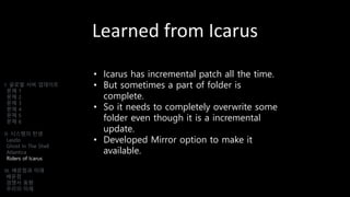Learned from Icarus
• Icarus has incremental patch all the time.
• But sometimes a part of folder is
complete.
• So it needs to completely overwrite some
folder even though it is a incremental
update.
• Developed Mirror option to make it
available.
I. 글로벌 서버 업데이트
문제 1
문제 2
문제 3
문제 4
문제 5
문제 6
II. 시스템의 탄생
Laszlo
Ghost In The Shell
Atlantica
Riders of Icarus
III. 배운점과 미래
배운점
경쟁사 동향
우리의 미래
 