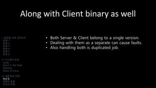 Along with Client binary as well
• Both Server & Client belong to a single version.
• Dealing with them as a separate can cause faults.
• Also handling both is duplicated job.
I. 글로벌 서버 업데이트
문제 1
문제 2
문제 3
문제 4
문제 5
문제 6
II. 시스템의 탄생
Laszlo
Ghost In The Shell
Atlantica
Riders of Icarus
III. 배운점과 미래
배운점
경쟁사 동향
우리의 미래
 