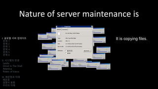 Nature of server maintenance is
I. 글로벌 서버 업데이트
문제 1
문제 2
문제 3
문제 4
문제 5
문제 6
II. 시스템의 탄생
Laszlo
Ghost In The Shell
Atlantica
Riders of Icarus
III. 배운점과 미래
배운점
경쟁사 동향
우리의 미래
It is copying files.
 
