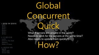 Global
Concurrent
Quick
How?
I. 글로벌 서버 업데이트
문제 1
문제 2
문제 3
문제 4
문제 5
문제 6
II. 시스템의 탄생
Laszlo
Ghost In The Shell
Atlantica
Riders of Icarus
III. 배운점과 미래
배운점
경쟁사 동향
우리의 미래
What if servers are around in the world?
Needs to work for the servers at the same time?
Also needs to update them quickly?
 