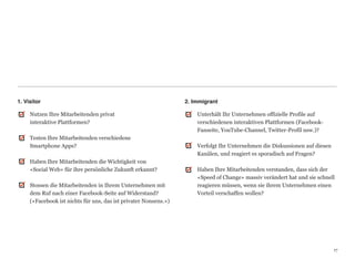 1. Visitor                                                        2. Immigrant

     Nutzen Ihre Mitarbeitenden privat                                Unterhält Ihr Unternehmen offizielle Profile auf  
     interaktive Plattformen?                                         verschiedenen interaktiven Plattformen (Facebook-
                                                                      Fanseite, YouTube-Channel, Twitter-Profil usw.)? 
     Testen Ihre Mitarbeitenden verschiedene                           
     Smartphone Apps?                                                 Verfolgt Ihr Unternehmen die Diskussionen auf diesen
                                                                      Kanälen, und reagiert es sporadisch auf Fragen? 
     Haben Ihre Mitarbeitenden die Wichtigkeit von                     
     «Social Web» für ihre persönliche Zukunft erkannt?               Haben Ihre Mitarbeitenden verstanden, dass sich der
                                                                      «Speed of Change» massiv verändert hat und sie schnell
     Stossen die Mitarbeitenden in Ihrem Unternehmen mit              reagieren müssen, wenn sie ihrem Unternehmen einen
     dem Ruf nach einer Facebook-Seite auf Widerstand?                Vorteil verschaffen wollen?
     («Facebook ist nichts für uns, das ist privater Nonsens.»)




                                                                                                                             17
                                                                                                                             17
 