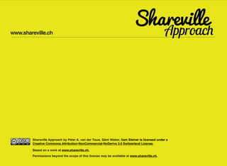 www.shareville.ch




        Shareville Approach by Peter A. van der Touw, Sämi Weber, Sam Steiner is licensed under a
        Creative Commons Attribution-NonCommercial-NoDerivs 3.0 Switzerland License.

        Based on a work at www.shareville.ch.
        Permissions beyond the scope of this license may be available at www.shareville.ch.
 