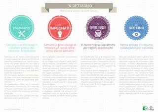 Design by Collectif Bam
in dettaglio
Motivazioni e opinioni: dei profili specifici
Cercano in primo luogo il
carattere pratico del
consumo collaborativo
Cercano in primo luogo di
ritrovare un senso attra-
verso queste abitudini
Vi fanno ricorso soprattutto
per ragioni economiche
Hanno provato il consumo
collaborativo per curiosità
Praticano un po’ meno il ridesharing ma
lo usano spesso per spostarsi (18% più di
una volta a settimana), per ragioni econo-
miche, ma anche perché nel loro caso è
il mezzo più pratico per spostarsi (molto
più che per gli altri rispondenti). Per le al-
tre abitudini anche loro si collocano nella
media dei rispondenti.
Per loro queste abitudini non sono esplo-
se negli ultimi anni, avevano già abitudini
collaborative prima del boom delle piat-
taforme.
La maggioranza ritiene che il consumo
collaborativo crescerà fino al livello del
consumo tradizionale, ma sono in molti
(39%) a ritenere che resterà un fenomeno
marginale.
La fascia di età 35-49 e i parigini sono leg-
germente sovrarappresentati.
Hanno abitudini multiformi: conducente e
passeggero,...
Se la maggioranza ricorre a certe abitu-
dini di consumo collaborativo, come il ri-
desharing, per ragioni economiche, sono
molto più numerosi rispetto agli altri ri-
spondenti (oltre il 30%) quelli che lo fanno
per ragioni ecologiche.
Praticano molto più degli altri risponden-
ti le filiere corte collaborative, soprattutto
tramite Amap o cooperative alimentari,
ma anche, in minor misura, tramite piat-
taforme digitali.
Sono ugualmente impegnati in altre for-
me di azione collettiva (volontariato, ecc.)
e guardano volentieri al consumo col-
laborativo come ad una forma di solida-
rietà, accettando di offrire servizi a titolo
gratuito.
Le loro abitudini non si allontanano trop-
po da quelle della media dei rispondenti,
ma praticano molto meno quelle che non
permettono di ottenere risparmi o di ri-
cavare un guadagno, come l’acquisto da
filiera corta.
Sono dunque meno impegnati in forme
di solidarietà (volontariato) e accettano
molto meno di offrire i loro servizi gratu-
itamente; ne ricavano guadagni maggiori
degli altri rispondenti. Non a caso, si di-
chiarano preoccupati per il loro budget.
La fascia di età 18-24 è leggermente so-
vra-rappresentata.
Sono più numerosi rispetto agli altri pro-
fili (39%) coloro che hanno avuto un’e-
sperienza negativa con il consumo colla-
borativo… e hanno abbandonato queste
abitudini. Sulla base delle loro esperienze
collaborative, dichiarano di avere meno
fiducia negli altri rispetto agli altri profili.
Si dicono curiosi… ma, nonostante tutto,
sono più reticenti degli altri ad essere
coinvolti in abitudini collaborative.
Hanno difficoltà a prendere una posizione
nei confronti del consumo collaborativo, e
credono abbastanza poco al suo sviluppo.
Sovra-rappresentati i giovani (18-24) e gli
anziani (50-64 ans), senza figli.
Quest’ultimo profilo è comunque scarsa-
mente rappresentato (5 % dei risponden-
ti).
I
PRAGMATICI
Gli
impegnati
Gli Gli
SCETTICI
 