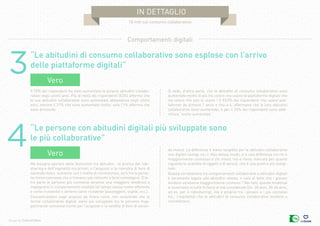 Design by Collectif Bam
in dettaglio
10 miti sul consumo collaborativo
3
4
“Le abitudini di consumo collaborativo sono esplose con l’arrivo
delle piattaforme digitali”
“Le persone con abitudini digitali più sviluppate sono
le più collaborative”
Vero
Vero
Il 70% dei rispondenti ha visto aumentare le proprie abitudini collabo-
rative negli ultimi anni. Più di metà dei rispondenti (53%) afferma che
le sue abitudini collaborative sono aumentate abbastanza negli ultimi
anni, mentre il 21% che sono aumentate molto; solo l’1% afferma che
sono diminuite.
Ma bisogna operare delle distinzioni tra abitudini : la pratica del ride-
sharing e dell’ospitalità tra privati, o l’acquisto o la rivendita di beni di
seconda mano, aumenta con il livello di connessione, ed è tra le perso-
ne meno connesse che si trovano i più reticenti a farsi coinvolgere. D’al-
tra parte le persone più connesse avranno una maggiore tendenza a
impegnarsi in comportamenti multipli (al tempo stesso come offerente
e come ricevente) o almeno come ricevente (passeggero, ospite, ecc.).
Concentrandoci sugli acquisti da filiera corta, non sorprende che le
forme collaborative digitali siano più sviluppate tra le persone mag-
giormente connesse (come per l’acquisto o la vendita di beni di secon-
Si vede, d’altra parte, che le abitudini di consumo collaborativo sono
aumentate molto di più tra coloro che usano le piattaforme digitali che
tra coloro che non le usano ! Il 93,5% dei rispondenti che usano piat-
taforme da almeno 1 anno e fino a 4, affermano che le loro abitudini
collaborative sono aumentate, e per il 33% dei rispondenti sono addi-
rittura “molto aumentate”.
da mano). La differenza è meno tangibile per le abitudini collaborative
non digitali (amap, ecc.). Allo stesso modo, vi è una differenza tra chi è
maggiormente connesso e chi meno, ma è meno marcata per quanto
riguarda lo scambio di oggetti o di servizi, che è una pratica più margi-
nale.
Questa correlazione tra comportamenti collaborativi e abitudini digitali
è veramente legata alle abitudini stesse, o solo al fatto che i giovani
tendono ad essere maggiormente connessi ? Nei fatti, queste tendenze
si osservano in tutte le fasce di età considerate (24- 35 anni, 50-64 anni,
ad es. per il ridesharing), ma è proprio tra i giovani e i più connessi
(es.: l’ospitalità) che le abitudini di consumo collaborativo tendono a
concentrarsi.
Comportamenti digitali
 