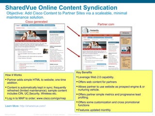 SharedVue Online Content Syndication Cisco generated Partner.com Objective:  Add Cisco Content to Partner Sites via a scaleable, minimal maintenance solution. ,[object Object],[object Object],[object Object],[object Object],[object Object],[object Object],[object Object],[object Object],[object Object],[object Object],[object Object],Learn More:  http://sharedvue.com//   