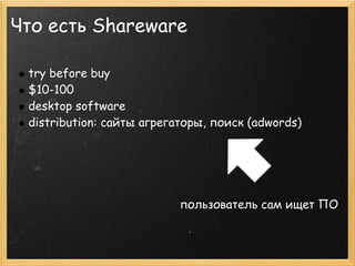 Что есть Shareware

   try before buy
   $10-100
   desktop software
   distribution: сайты агрегаторы, поиск (adwords)



                                        
            
                                                пользователь сам ищет ПО
 