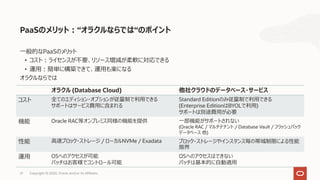 21 Copyright © 2020, Oracle and/or its affiliates
⼀般的なPaaSのメリット
• コスト︓ライセンスが不要、リソース増減が柔軟に対応できる
• 運⽤︓簡単に構築できて、運⽤も楽になる
オラクルならでは
PaaSのメリット︓“オラクルならでは“のポイント
オラクル (Database Cloud) 他社クラウドのデータベース・サービス
コスト 全てのエディション・オプションが従量制で利⽤できる
サポートはサービス費⽤に含まれる
Standard Editionのみ従量制で利⽤できる
(Enterprise EditionはBYOLで利⽤)
サポートは別途費⽤が必要
機能 Oracle RAC等オンプレミス同様の機能を提供 ⼀部機能がサポートされない
(Oracle RAC / マルチテナント / Database Vault / フラッシュバック
データベース 他)
性能 ⾼速ブロック・ストレージ / ローカルNVMe / Exadata ブロック・ストレージやインスタンス毎の帯域制限による性能
限界
運⽤ OSへのアクセスが可能
パッチはお客様でコントロール可能
OSへのアクセスはできない
パッチは基本的に⾃動適⽤
 
