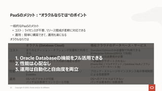 22 Copyright © 2020, Oracle and/or its affiliates
⼀般的なPaaSのメリット
• コスト︓ライセンスが不要、リソース増減が柔軟に対応できる
• 運⽤︓簡単に構築できて、運⽤も楽になる
オラクルならでは
PaaSのメリット︓“オラクルならでは“のポイント
(Database Cloud)
Standard Edition
(Enterprise Edition BYOL )
Oracle RAC
(Oracle RAC / / Database Vault /
)
/ NVMe /
Exadata
OS OS
1. Oracle Databaseの機能をフル活⽤できる
2. 性能は⼼配なし
3. 運⽤は⾃動化と⾃由度を両⽴
 