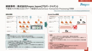 Copyright © 2020, Oracle and/or its affiliates59
顧客事例︓株式会社Propre Japan(プロパージャパン)
不動産テックの核となるビッグデータ基盤をAutonomous Transaction Processingで刷新
従来の環境 Oracle Cloud環境
＜課題＞
• ⽇次で増える膨⼤なデータに対して性能を出し続ける必要がある
パフォーマンス要件に対応するため、 AWS上で7-8台のクラスタ構成のインメモリDBを運⽤し
ていた
• インメモリDBは、格納するデータ量＝必要なメモリ容量となる
⼤容量メモリのサーバは費⽤が⾼いため、重要なデータでも⾼いレスポンスが求められない場
合、ディスクを使⽤するDBへ随時移動していく運⽤が前提
ü 随時移動の仕組みの構築とパフォーマンスのチューニングを実施するためには最低でも5-
6⼈⽉の⼯数が必要
• 運⽤開始後は、多数のサーバやデータベースの管理とチューニングを継続しなければならない
＜効果＞
• チューニングを⼀切することなく、⾼性能を発揮し、運⽤後も性能を維持
ü ⼤容量メモリのサーバより圧倒的に安価な専⽤ディスクを活⽤できるので、重要なデータ
は全て同じDBに格納できる
• 追加でパフォーマンスが必要となった場合、オンラインでCPUコア数の増減を⾏い性能を調整
できる
＜さらに＞
• ネットワークアウトバウンド費⽤も安い
ü AWSの約1/10のコストで利⽤可能(株式会社Propre Japan調べ)
• サポート・サービスが追加費⽤無しで利⽤できる
• 空間データ処理機能が充実している(Oracle Spatial and Graph)
https://www.oracle.com/jp/corporate/pressrelease/jp20200522.html
 