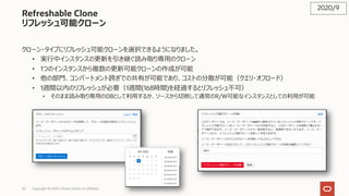 63 Copyright © 2020, Oracle and/or its affiliates
Refreshable Clone
リフレッシュ可能クローン
クローン・タイプにリフレッシュ可能クローンを選択できるようになりました。
• 実⾏中インスタンスの更新を引き継ぐ読み取り専⽤のクローン
• 1つのインスタンスから複数の更新可能クローンの作成が可能
• 他の部⾨、コンパートメント跨ぎでの共有が可能であり、コストの分散が可能（クエリ・オフロード）
• 1週間以内のリフレッシュが必要（1週間(168時間)を経過するとリフレッシュ不可）
• そのまま読み取り専⽤のDBとして利⽤するか、ソースから切断して通常のR/W可能なインスタンスとしての利⽤が可能
2020/9
 
