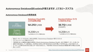 66 Copyright © 2020, Oracle and/or its affiliates
Autonomous Databaseの費⽤体系
Autonomous DatabaseはExadataが使えますが、とてもリーズナブル
CPU
(1 CPU単位)
Exadata
ストレージ
(1 TB単位)
161.292円/時間
14,208円/⽉
Database Cloud (EP)
とCPUは同じ料⾦
38.712円/時間
Standard Edition ライセ
ンスをBYOLすると
14,208円/⽉
(76%OFF)
他社データベース・クラウドから、BYOLを利⽤してAutonomous Databaseへ移⾏いただいた
ファンコミュニケーションズ様からのコメント
『⾼性能とAIによる運⽤の⾃動化を実現したOracle Autonomous Database Cloudは、まさに究極のデータベースと⾔っても
過⾔ではありません。今、振り返ると、その存在になぜもっと早く気付けなかったのかと悔しくてなりませんね。これまで抱えていた
データベースに関するさまざまな⼼配ごとが⼀切なくなりましたし、今回の導⼊がOracle Databaseの最後の移⾏作業となると確
信しています』
https://www.oracle.com/jp/corporate/pressrelease/jp20191023.html
* 60⽇間分のバックアップ費⽤を含む * 60⽇間分のバックアップ費⽤を含む
 