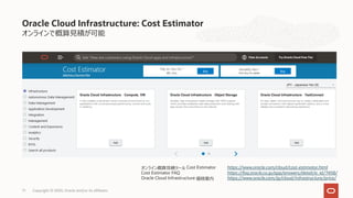 Oracle Cloud Infrastructure: Cost Estimator
オンラインで概算⾒積が可能
71 Copyright © 2020, Oracle and/or its affiliates
https://www.oracle.com/cloud/cost-estimator.html
https://faq.oracle.co.jp/app/answers/detail/a_id/7458/
https://www.oracle.com/jp/cloud/infrastructure/price/
オンライン概算⾒積ツール Cost Estimator
Cost Estimator FAQ
Oracle Cloud Infrastructure 価格案内
 