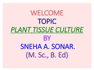 WELCOME
TOPIC
PLANT TISSUE CULTURE
BY
SNEHA A. SONAR.
(M. Sc., B. Ed)
 
