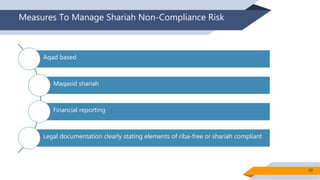 Measures To Manage Shariah Non-Compliance Risk
Aqad based
Maqasid shariah
Financial reporting
Legal documentation clearly stating elements of riba-free or shariah compliant
10
 