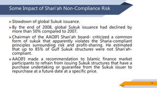 Some Impact of Shari’ah Non-Compliance Risk
 Slowdown of global Sukuk issuance.
 By the end of 2008, global Sukuk issuance had declined by
more than 50% compared to 2007.
 Chairman of the AAOIFI Shari’ah board- criticized a common
form of sukuk that apparently violates the Sharia-compliant
principles surrounding risk and profit-sharing. He estimated
that up to 85% of Gulf Sukuk structures were not Shari’ah-
compliant.
 AAOIFI made a recommendation to Islamic finance market
participants to refrain from issuing Sukuk structures that have a
purchase undertaking or guarantee from the Sukuk issuer to
repurchase at a future date at a specific price.
21
 