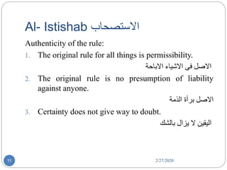 Al- Istishab ‫االست‬‫ص‬‫حاب‬
2/27/202011
Authenticity of the rule:
1. The original rule for all things is permissibility.
‫االصل‬‫فی‬‫االشیاء‬‫االباح‬‫ة‬
2. The original rule is no presumption of liability
against anyone.
‫االصل‬‫بر‬‫أة‬‫الذم‬‫ة‬
3. Certainty does not give way to doubt.
‫الیقین‬‫ال‬‫يزال‬‫بالش‬‫ك‬
 