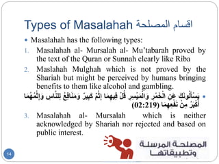 Types of Masalahah ‫اقسام‬‫المصلح‬‫ة‬
2/27/202014
 Masalahah has the following types:
1. Masalahah al- Mursalah al- Mu’tabarah proved by
the text of the Quran or Sunnah clearly like Riba
2. Maslahah Mulghah which is not proved by the
Shariah but might be perceived by humans bringing
benefits to them like alcohol and gambling.
َُ‫ك‬َ‫ن‬‫و‬‫ل‬َ‫أ‬ْ‫س‬َ‫ي‬ُِ‫َن‬‫ع‬ُِ‫ر‬ْ‫م‬َ‫خ‬ْ‫ال‬ُِ‫ِر‬‫س‬ْ‫ي‬َ‫م‬ْ‫ال‬َ‫و‬ُْ‫ل‬‫ق‬ُِ‫ف‬‫ا‬َ‫م‬ِ‫يه‬ُ‫م‬ْ‫ث‬ِ‫إ‬ُ‫ير‬ِ‫ب‬َ‫ك‬ُ‫ع‬ِ‫ف‬‫ا‬َ‫ن‬َ‫م‬َ‫و‬ُ ِ‫اس‬َّ‫ن‬‫ل‬ِ‫ل‬‫ا‬َ‫م‬‫ه‬‫م‬ْ‫ث‬ِ‫إ‬َ‫و‬
ُ‫ر‬َ‫ب‬ْ‫ك‬َ‫أ‬ُْ‫ن‬ِ‫م‬‫ا‬َ‫م‬ِ‫ه‬ِ‫ع‬ْ‫ف‬َ‫ن‬(02:219)
3. Masalahah al- Mursalah which is neither
acknowledged by Shariah nor rejected and based on
public interest.
 