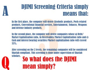 A

DJIMI Screening Criteria simply
means that:
In the first place, the computer will delete Alcoholic products, Pork-related
products, Conventional financial services, Entertainment, Tobacco, Weapons
and defense industry products.
In the second place, the computer will delete companies whose a) Debt/
Market Capitalization ratio, b) Receivables/Market Capitalization ratio and c)
Cash and interest bearing securities/Market capitalization ratio will exceed
33%.

Q

After screening on the 2 levels, the remaining companies will be considered
Shariah compliant. This screening is done under supervision of Shariah
scholars.

So what does the DJIMI
mean simply?

 