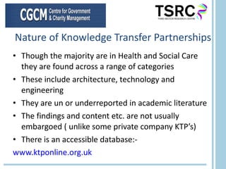 Nature of Knowledge Transfer Partnerships Though the majority are in Health and Social Care they are found across a range of categories These include architecture, technology and engineering They are un or underreported in academic literature  The findings and content etc. are not usually embargoed ( unlike some private company KTP’s) There is an accessible database:-  www.ktponline.org.uk 