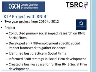 KTP Project with RNIB Two year project from 2010 to 2012 Project Conducted primary social impact research on RNIB Social Firms Developed an RNIB-employment specific social impact framework to gather evidence Identified best practice in Social Firms Informed RNIB strategy in Social Firm development Created a business case for further RNIB Social Firm development 