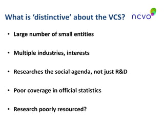 What is ‘distinctive’ about the VCS? Large number of small entities Multiple industries, interests Researches the social agenda, not just R&D Poor coverage in official statistics Research poorly resourced? 