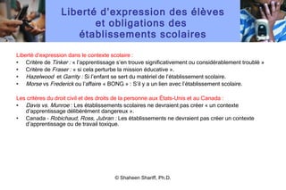Liberté d ’ expression des élèves et obligations des  établissements scolaires Liberté d ’ expression dans le contexte scolaire : Critère de  Tinker :  « l ’ apprentissage s ’ en trouve significativement ou considérablement troublé » Critère de  Fraser :  « si cela perturbe la mission éducative ». Hazelwood  et  Garrity :  Si l ’ enfant se sert du matériel de l ’ établissement scolaire. Morse  vs  Frederick  ou l ’ affaire « BONG » : S ’ il y a un lien avec l ’ établissement scolaire. Les critères du droit civil et des droits de la personne aux États-Unis et au Canada : Davis vs. Munroe  : Les établissements scolaires ne devraient pas créer « un contexte d ’ apprentissage délibérément dangereux ». Canada –  Robichaud, Ross, Jubran :  Les établissements ne devraient pas créer un contexte d ’ apprentissage ou de travail toxique. © Shaheen Shariff, Ph.D. 