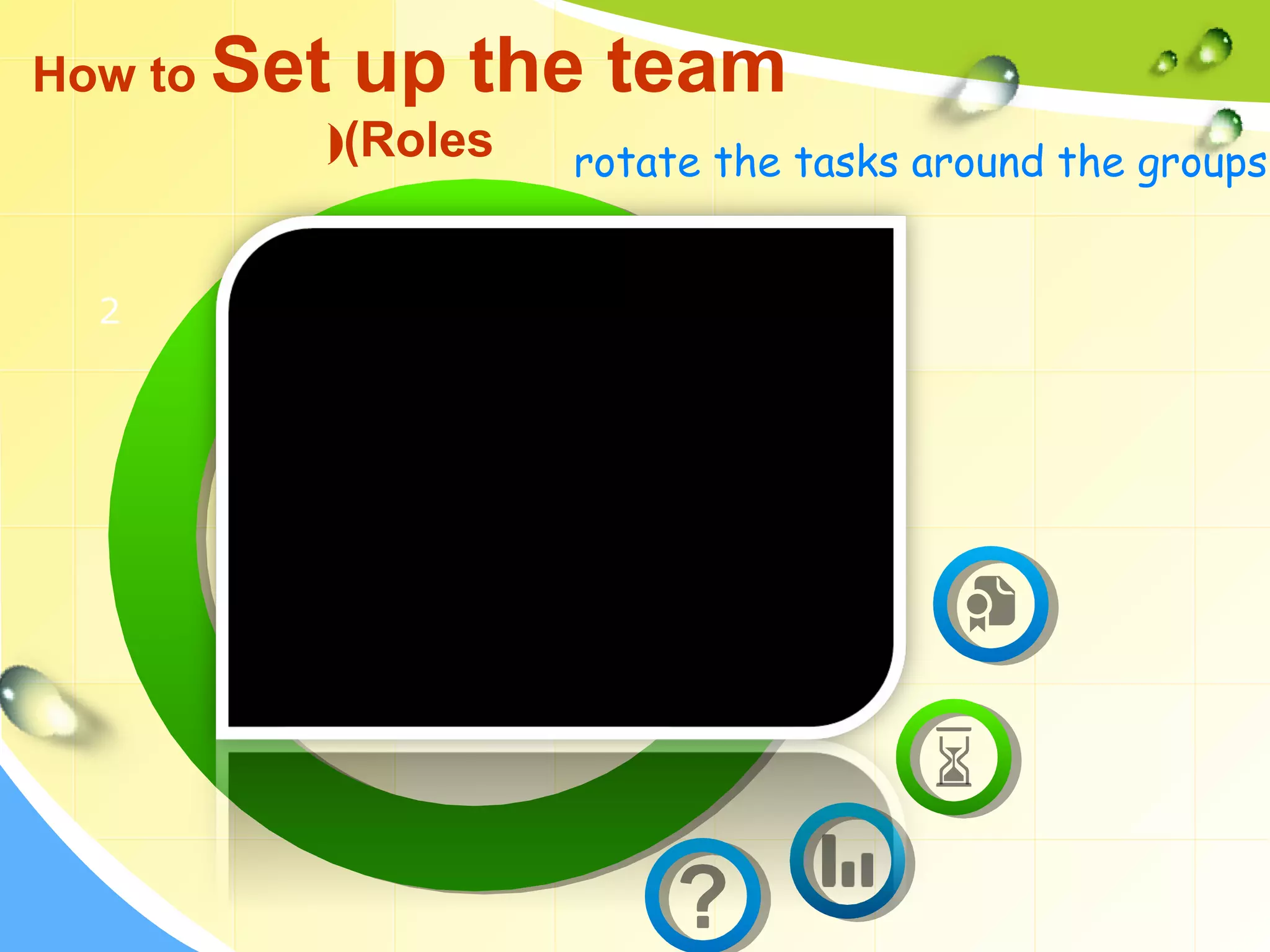 2
3
How to Set up the team
(Roles( rotate the tasks around the groups
 