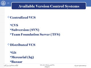 13
‫جاوا‬ ‫زبان‬ ‫به‬ ‫پیشرفته‬ ‫نویسی‬‫برنامه‬
۱۳۹۵/۲/۱
‫صدرنژاد‬ ‫سیدمحمدمسعود‬‫گیت‬‫ورژن‬ ‫کنترل‬‫سامانه‬ ‫کارگاه‬
Available Version Control Systems
Centralized VCS
CVS
Subversion (SVN)
Team Foundation Server (TFS)
Distributed VCS
Git
Mercurial (hg)
Bazaar
 