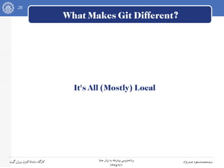 28
‫جاوا‬ ‫زبان‬ ‫به‬ ‫پیشرفته‬ ‫نویسی‬‫برنامه‬
۱۳۹۵/۲/۱
‫صدرنژاد‬ ‫سیدمحمدمسعود‬‫گیت‬‫ورژن‬ ‫کنترل‬‫سامانه‬ ‫کارگاه‬
What Makes Git Different?
It's All (Mostly) Local
 