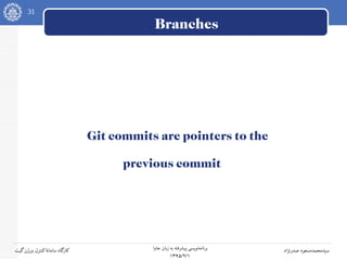 31
‫جاوا‬ ‫زبان‬ ‫به‬ ‫پیشرفته‬ ‫نویسی‬‫برنامه‬
۱۳۹۵/۲/۱
‫صدرنژاد‬ ‫سیدمحمدمسعود‬‫گیت‬‫ورژن‬ ‫کنترل‬‫سامانه‬ ‫کارگاه‬
Branches
Git commits are pointers to the
previous commit
 