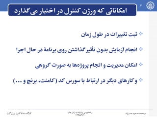 ‫جاوا‬ ‫زبان‬ ‫به‬ ‫پیشرفته‬ ‫نویسی‬‫برنامه‬
۱۳۹۵/۲/۱
4
‫صدرنژاد‬ ‫سیدمحمدمسعود‬‫گیت‬‫ورژن‬ ‫کنترل‬‫سامانه‬ ‫کارگاه‬
‫گذارد‬‫می‬ ‫اختیار‬ ‫در‬ ‫کنترل‬ ‫ورژن‬ ‫که‬ ‫امکاناتی‬
‫زمان‬ ‫طول‬ ‫در‬ ‫تغییرات‬ ‫ثبت‬
‫اجرا‬ ‫حال‬ ‫در‬ ‫برنامه‬ ‫روی‬ ‫گذاشتن‬‫تأثیر‬ ‫بدون‬ ‫آزمایش‬ ‫انجام‬
‫گروهی‬ ‫صورت‬ ‫به‬ ‫ها‬‫پروژه‬ ‫انجام‬ ‫و‬ ‫مدیریت‬ ‫امکان‬
(... ‫و‬ ‫برنچ‬ ،‫)کامنت‬ ‫کد‬ ‫سورس‬ ‫با‬ ‫ارتباط‬ ‫در‬ ‫دیگر‬ ‫کارهای‬‫و‬
 